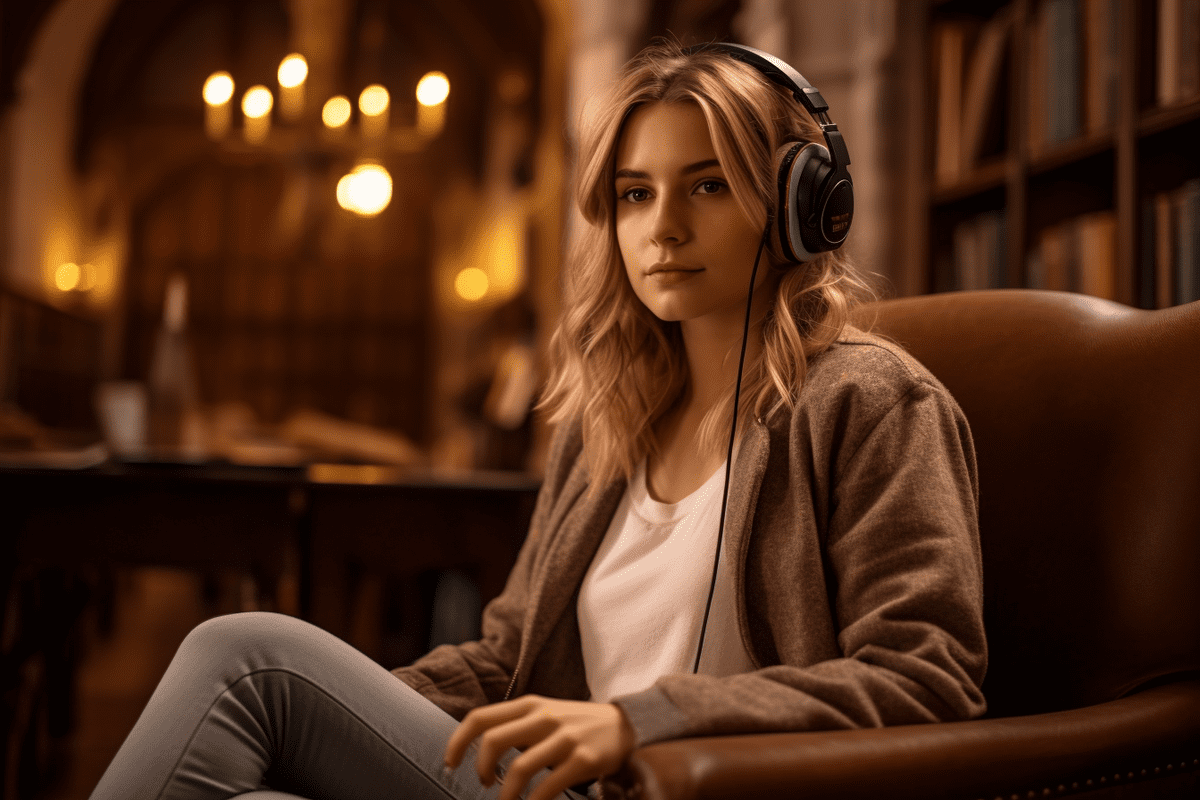 Eine Frau hört sich Harry Potter kostenlos als Hörbuch an